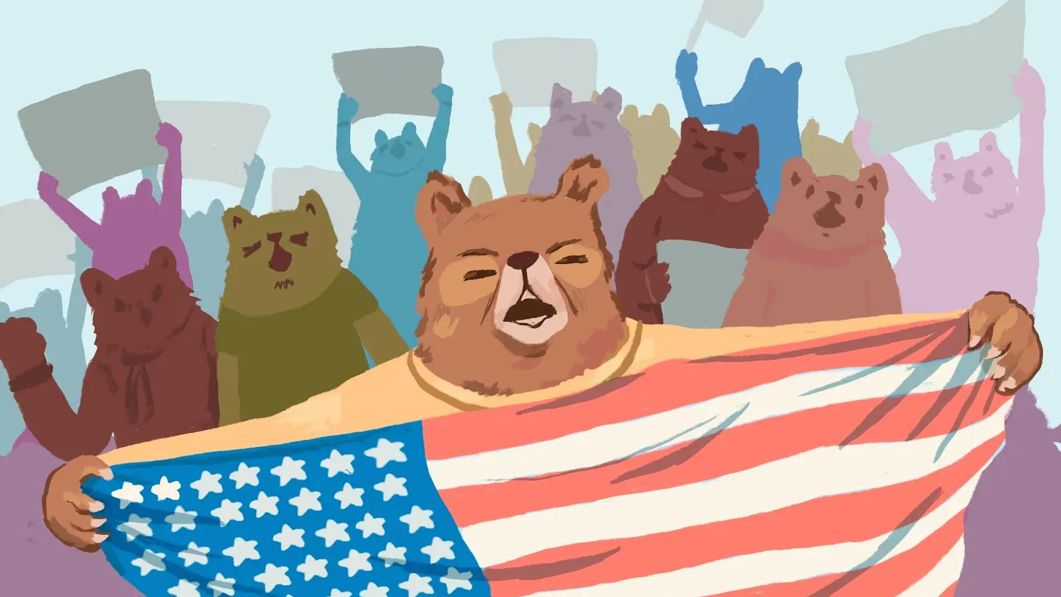 Drawing of many different-colored bears protesting with a US flag.