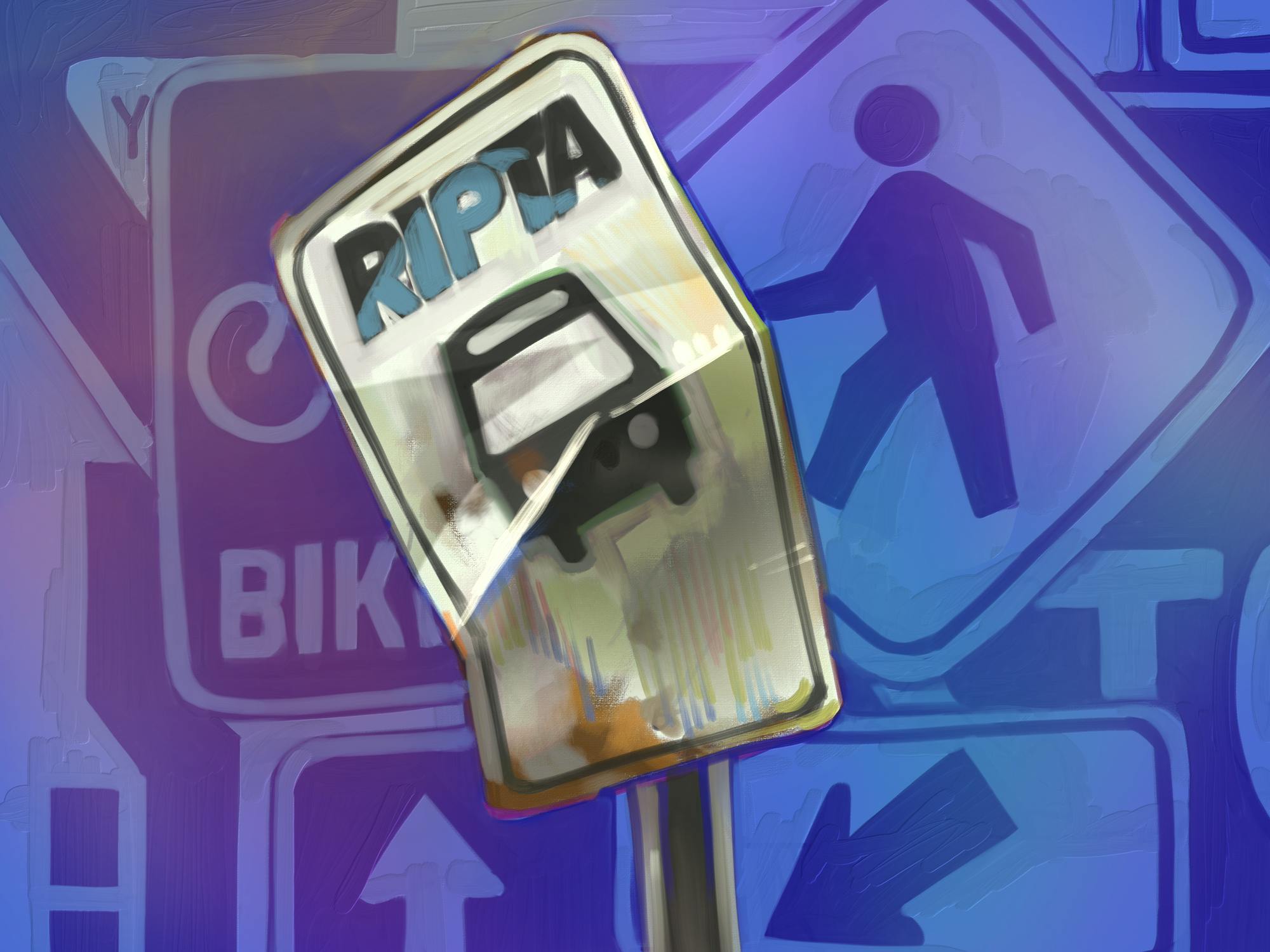 A sign that read "RIPTA" with a bus underneath that is crushed. 