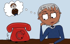 A cartoon of an older woman sitting by a red telephone, with a cartoon thought bubble stemming from her head containing a picture of a boy in a Brown sweatshirt.