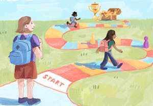 Students walking on a board game with treasure troves at the end.