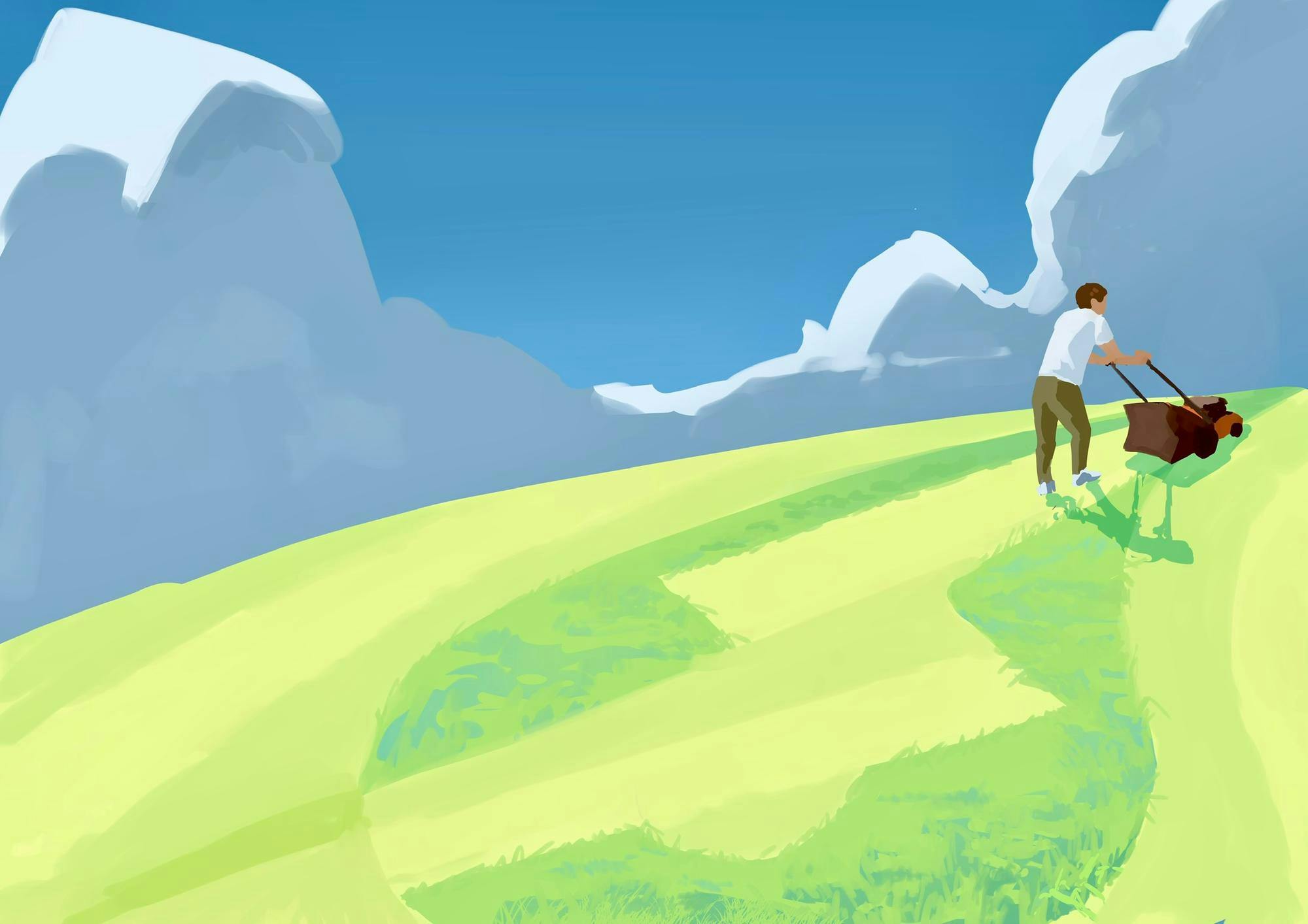 A brunette man wearing a white shirt and khaki pants pushes a lawnmower across a green hill in front of the backdrop of a blue sky.