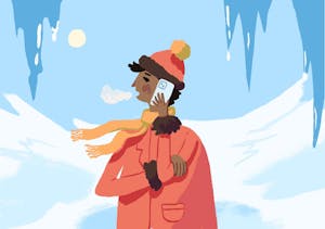 Illustration of figure in a snowy landscape wrapped in a thick jacket, scarf, and beanie, talking on the phone.