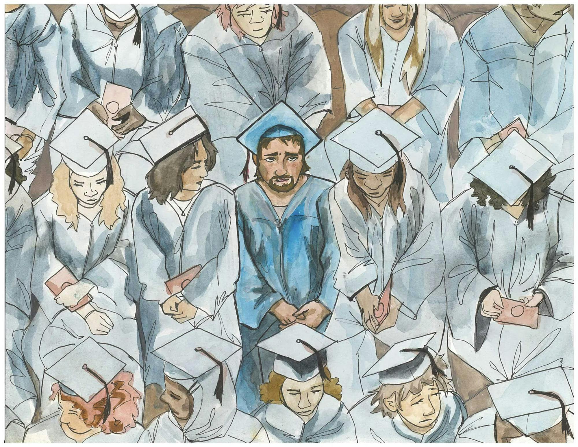 An illustration of college graduates in blue gowns; one graduate visibly depressed in a slightly darker blue gown.