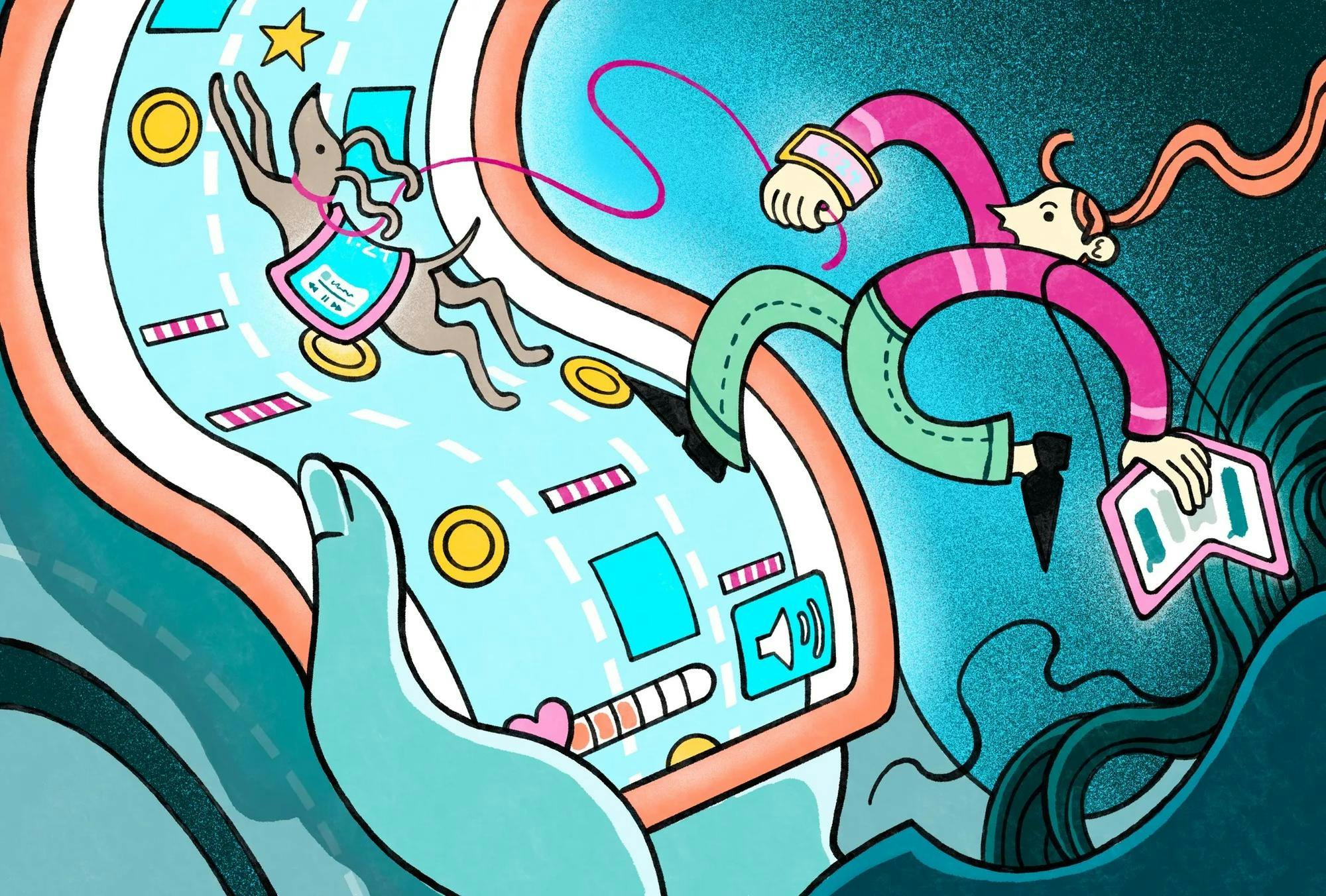 Illustration of a cartoon girl and a dog walking on a swirly phone being held by a giant hand.  