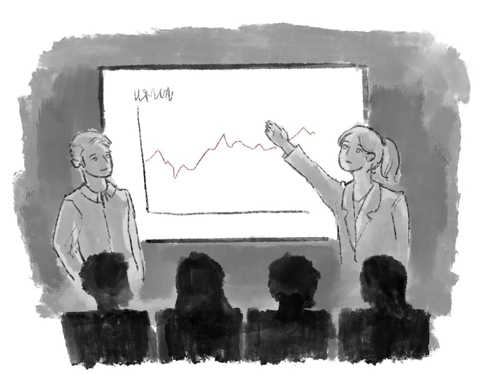 A black-and-white illustration with two people presenting about stocks. Four people sit in the audience.