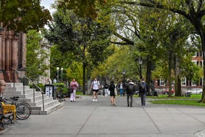 Photo of the Main Green during a high-traffic period, with many students walking and talking along the main walking path of the green.