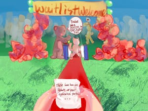 Illustration of a cartoon bear ushering a cartoon cat through a gate, saying "You've been admitted to Brown!"