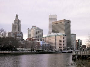 A photo of downtown Providence in the evening.