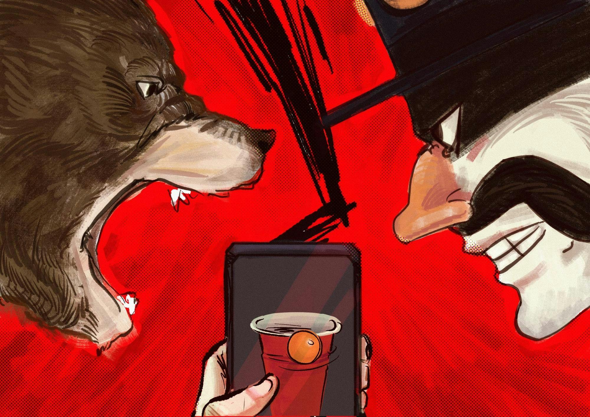 A mustached man in a hat and a bear play a cup pong game on a phone. 