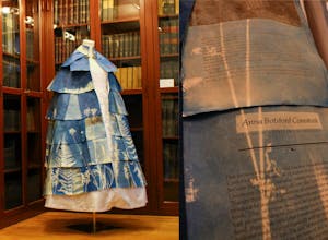 A collage of two photos. The left photo is of a blue cyanotype cape with prints of natural elements. The right photo shows a closeup of the cape, with the pieces of the cape shown to be made of book pages. 