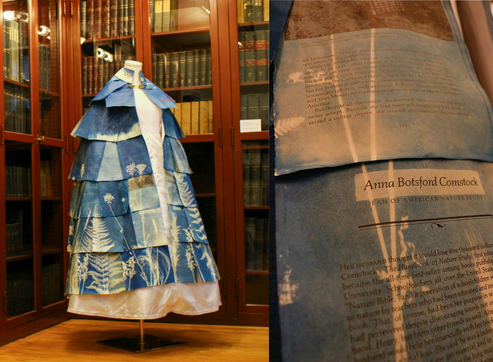 A collage of two photos. The left photo is of a blue cyanotype cape with prints of natural elements. The right photo shows a closeup of the cape, with the pieces of the cape shown to be made of book pages. 