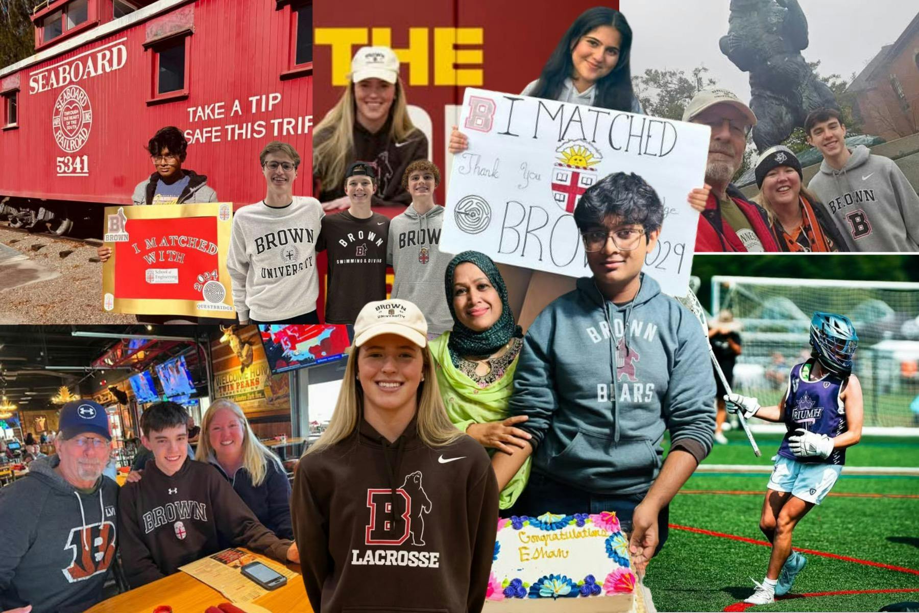 A photo collage of Izzy Ahad, Mackenzie Conway, Will Cicco, Eshan Alam, Nick Burleson celebrating their admission to Brown's Class of 2029 through the early decision process. The admitted students are wearing Brown merchandise and posing with family and friends on campus.