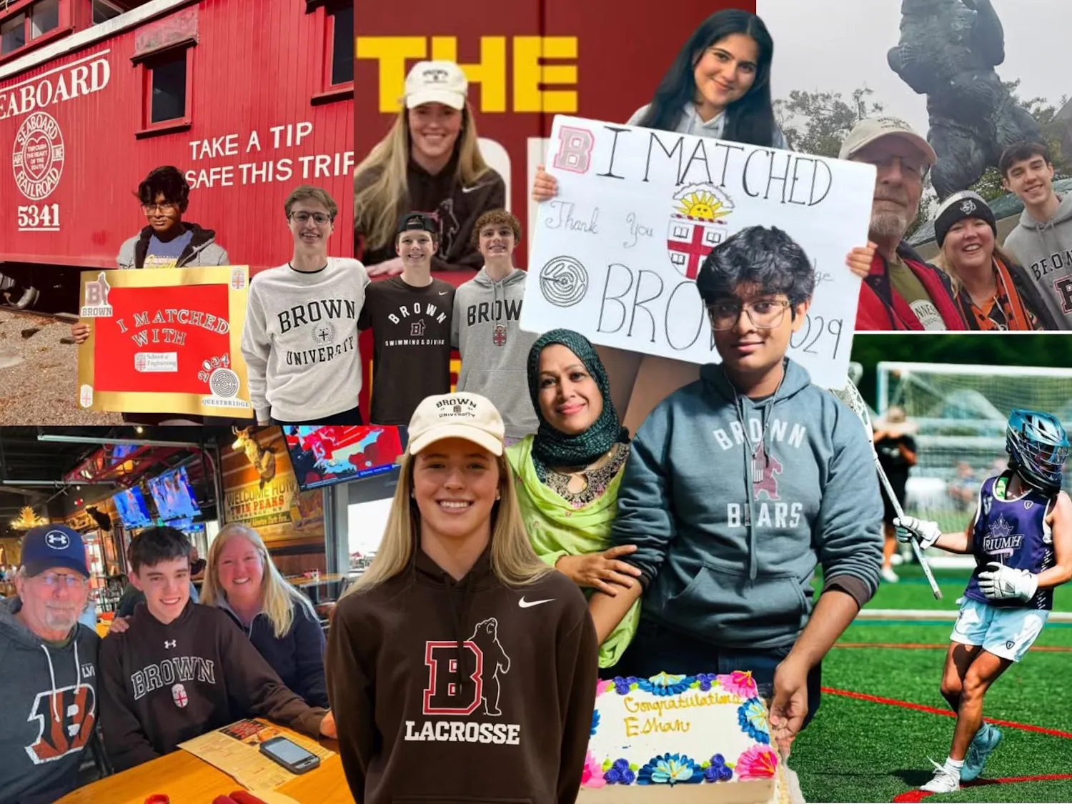 A photo collage of Izzy Ahad, Mackenzie Conway, Will Cicco, Eshan Alam, Nick Burleson celebrating their admission to Brown's Class of 2029 through the early decision process. The admitted students are wearing Brown merchandise and posing with family and friends on campus.