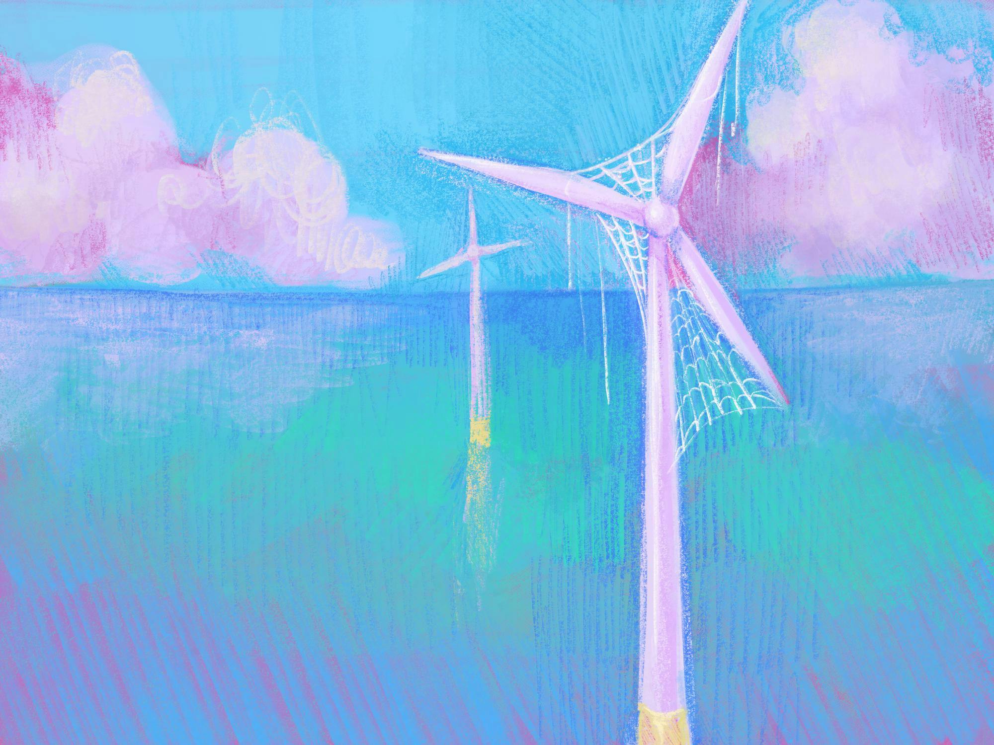 An illustration of a wind turbine with cobwebs on the rotors. 