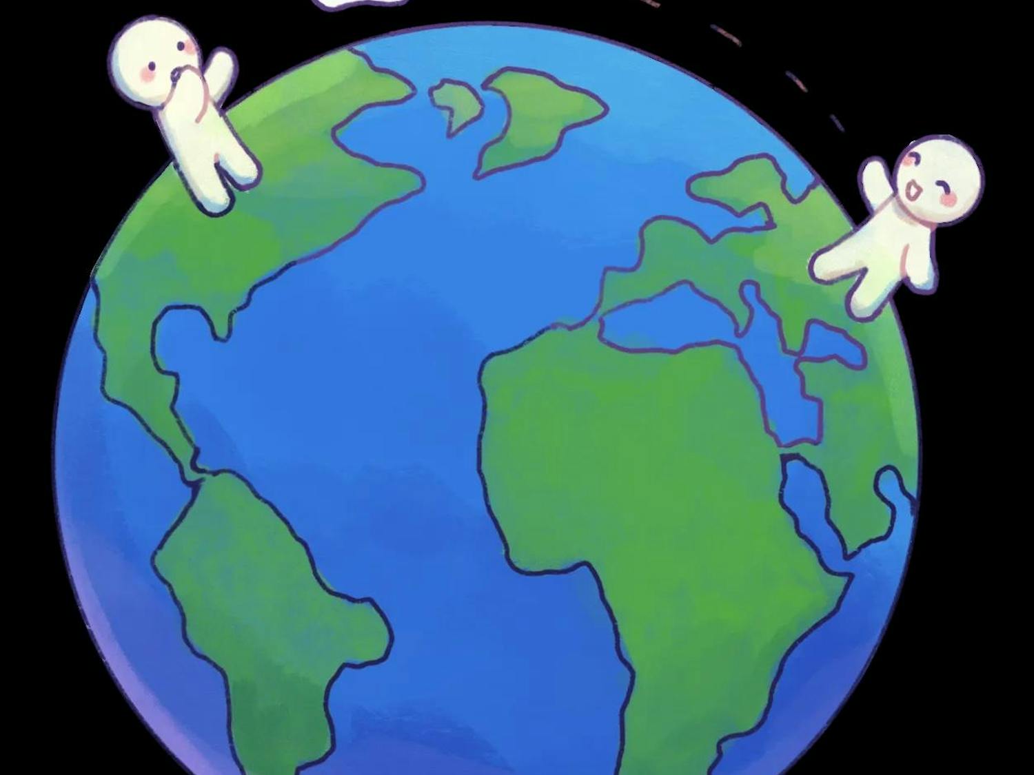 Illustration of two people, on opposite sides of the globe, sending letters to one another.