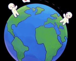 Illustration of two people, on opposite sides of the globe, sending letters to one another.