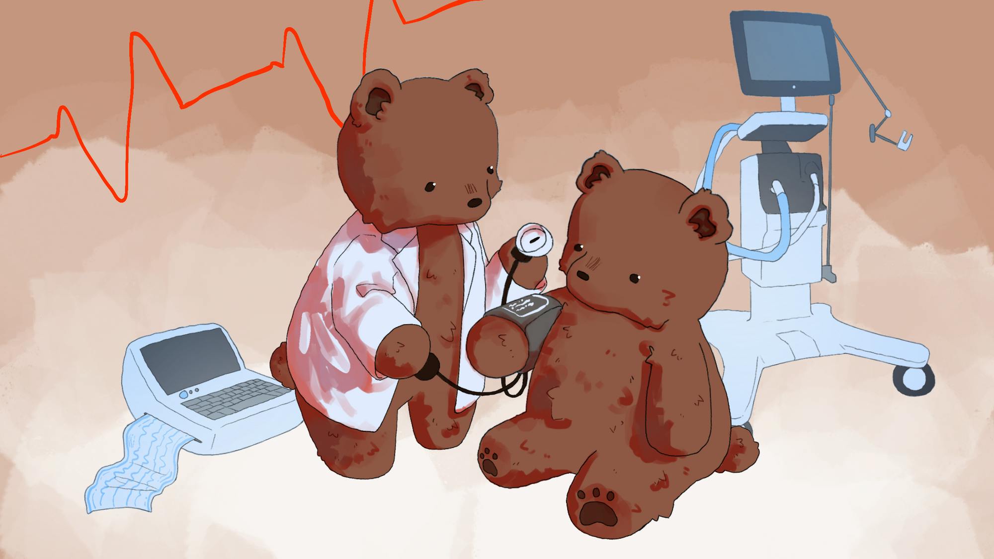 An illustration of two bears. One bear has a white doctor’s coat and is taking the other bear’s blood pressure.

