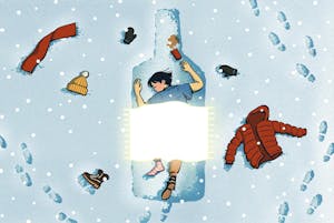 An illustration of a person lying within a bottle-shaped depression in the snow, surrounded by scattered winter gear while a glowing blanket drapes over them.