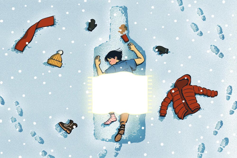An illustration of a person lying within a bottle-shaped depression in the snow, surrounded by scattered winter gear while a glowing blanket drapes over them.