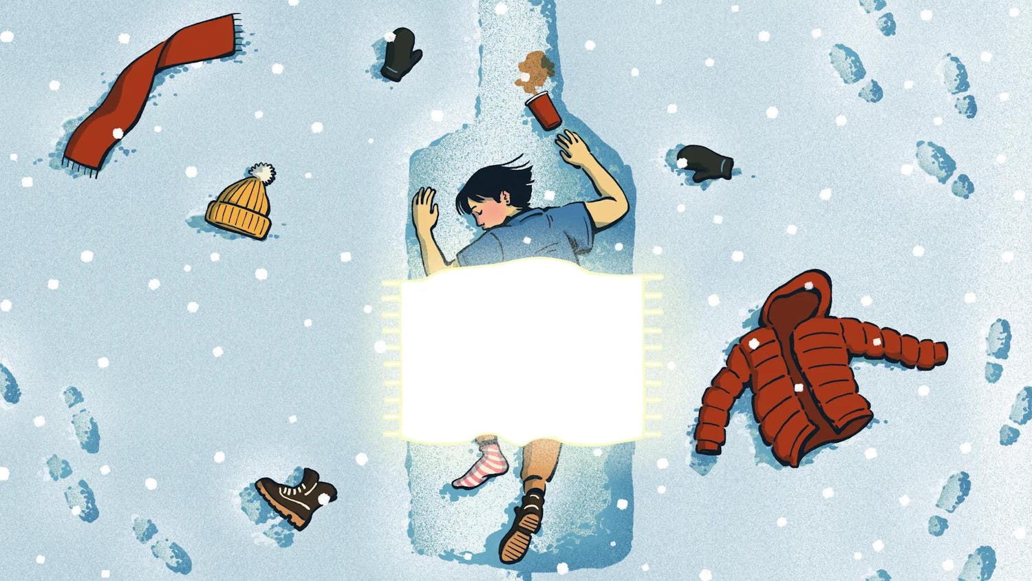 An illustration of a person lying within a bottle-shaped depression in the snow, surrounded by scattered winter gear while a glowing blanket drapes over them.
