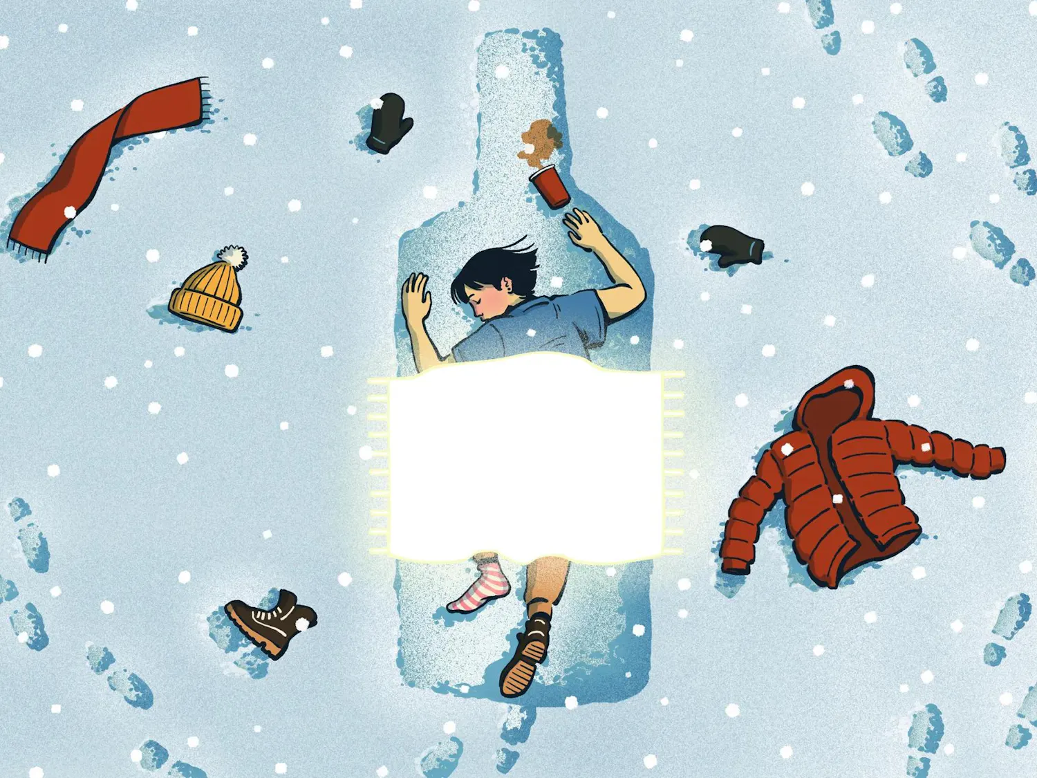 An illustration of a person lying within a bottle-shaped depression in the snow, surrounded by scattered winter gear while a glowing blanket drapes over them.
