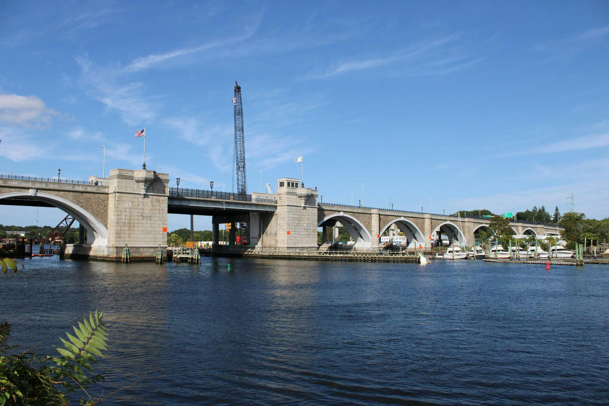 A sea-level photo of Washington Bridge under construction.