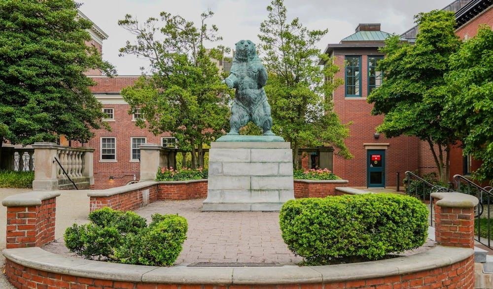 Photo of bear statue on Main Green near Faunce Arch
