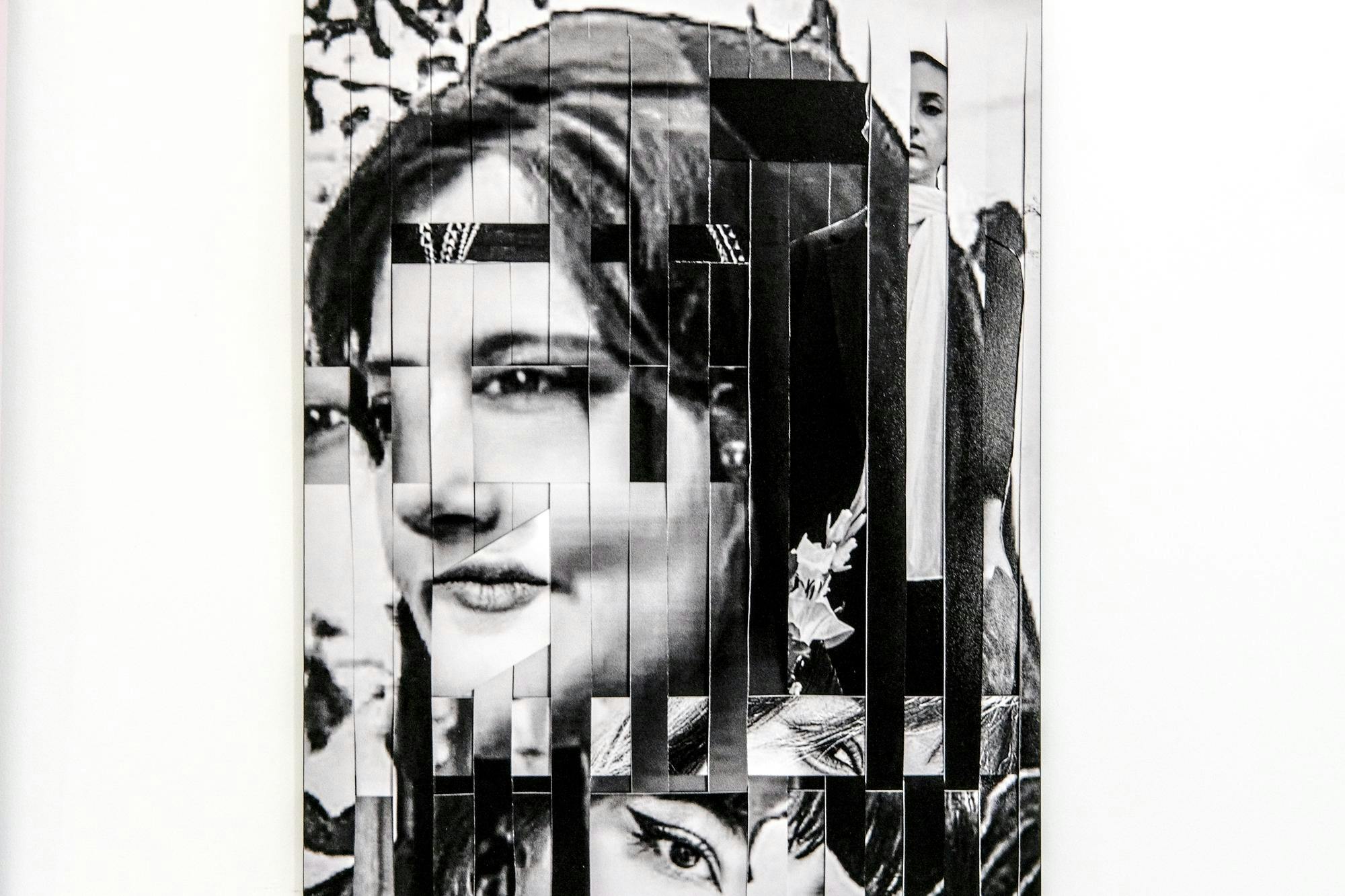 A photographic work with sliced pieces from multiple different photographs of women's faces, on a white gallery wall.