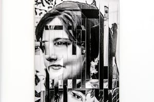 A photographic work with sliced pieces from multiple different photographs of women's faces, on a white gallery wall.