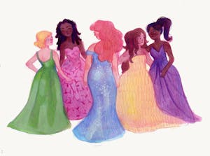 Illustration of five women in dresses of various bright colors.

