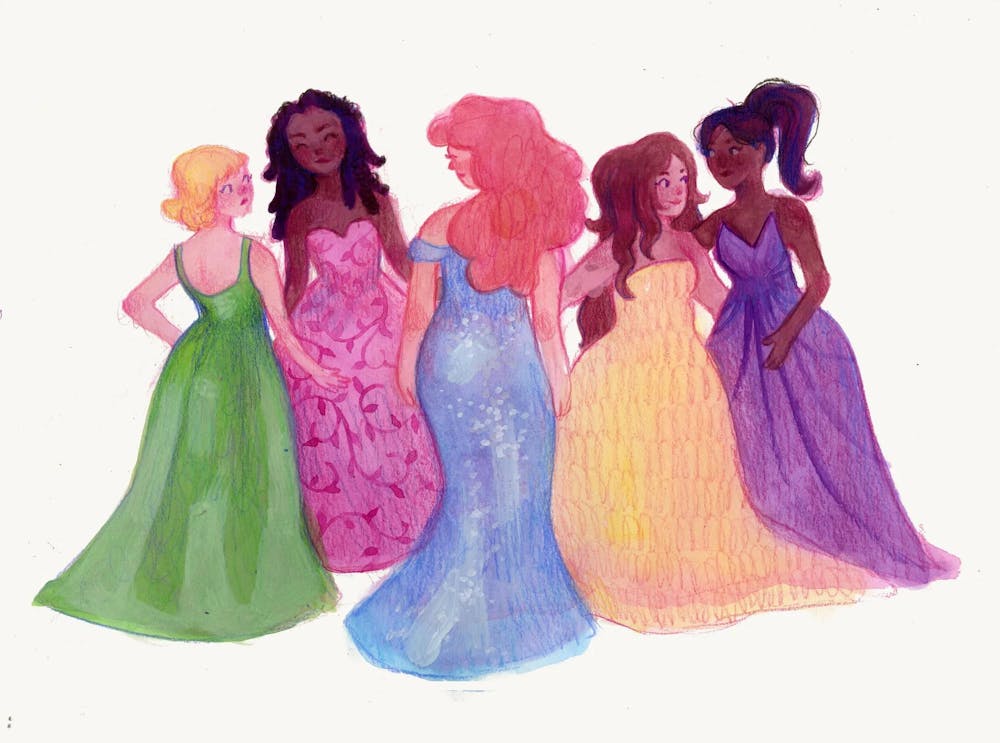 Illustration of five women in dresses of various bright colors.

