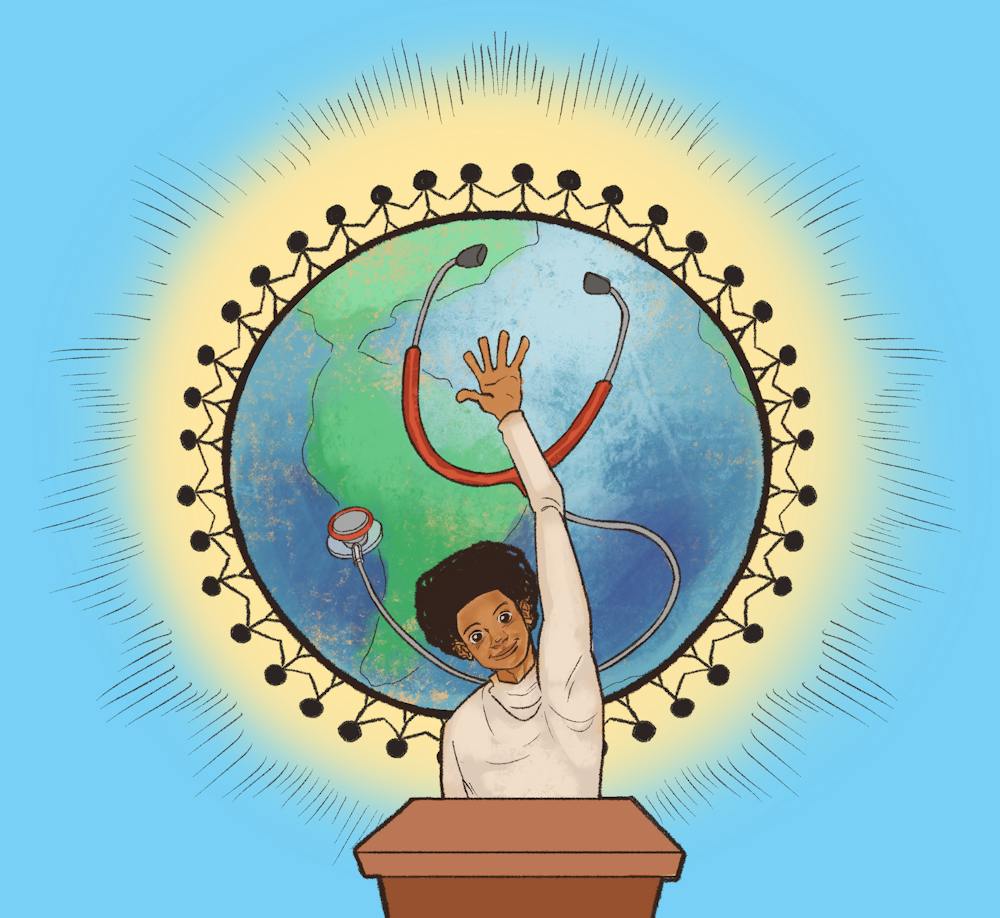 Illustration of a person behind a desk raising their hand with a glowing globe surrounded by black stick figures holding hands and a stethoscope in the background behind them. 