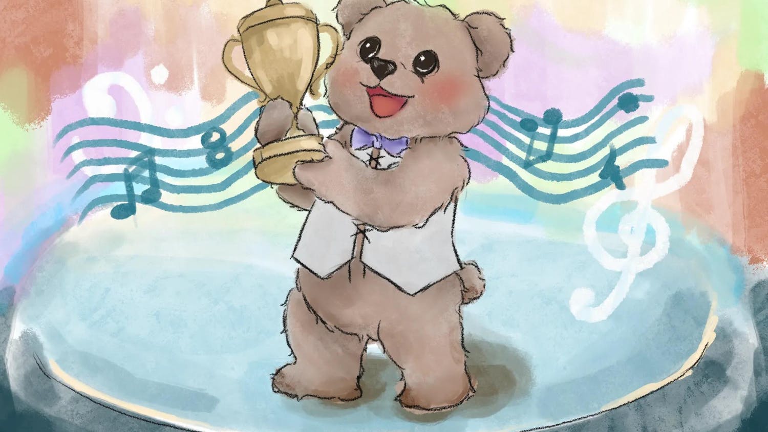 Illustration of a bear wearing a vest holding a gold statue, with musical notation and bars in the background.