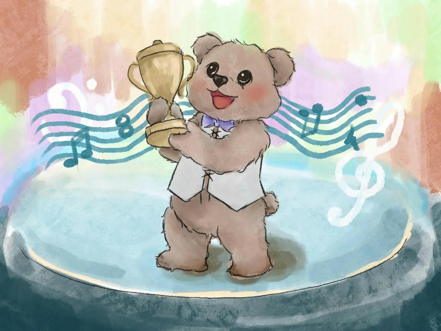 Illustration of a bear wearing a vest holding a gold statue, with musical notation and bars in the background.