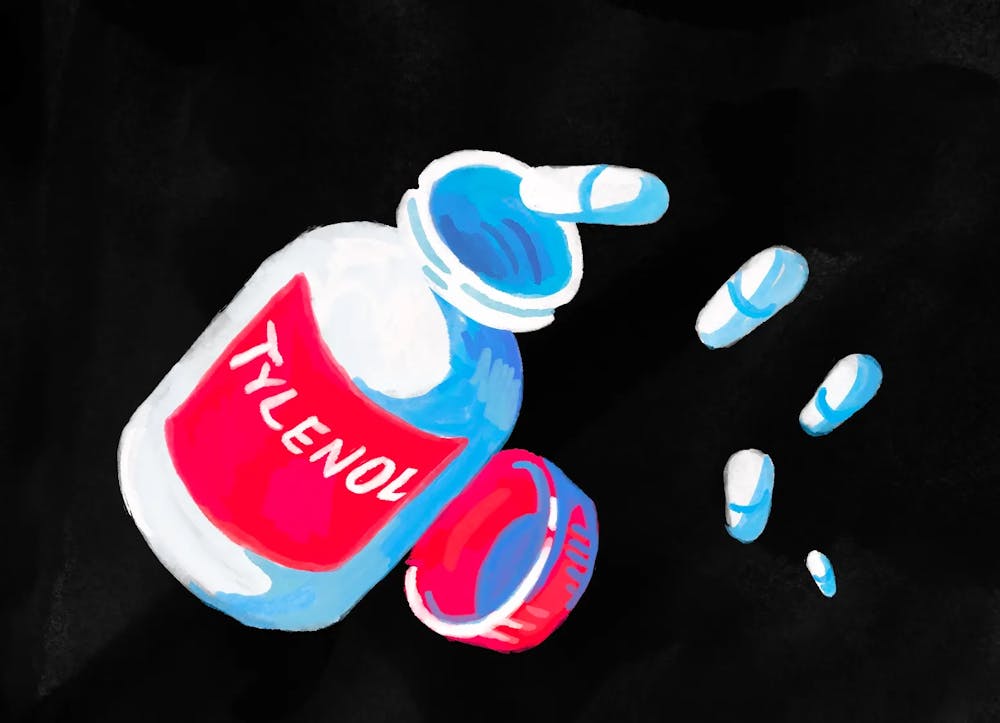 An illustration of a bottle of Tylenol with pills falling out