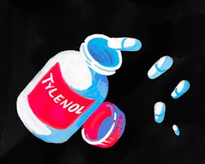 An illustration of a bottle of Tylenol with pills falling out