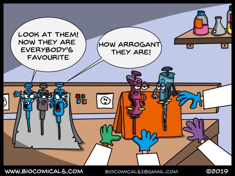 A comic with pipettes, with one group saying "Look at them! Now they are everybody's favorites" and "How arrogant they are!" to another group of pipettes.