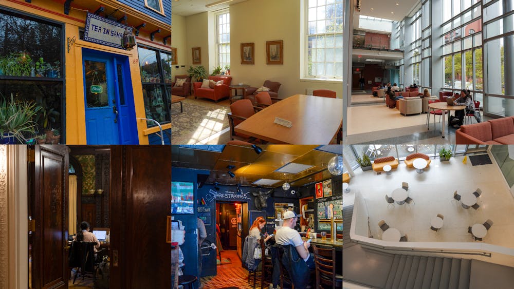 A collage of six different hidden gems. Clockwise from the top-left: Tea in Sahara, Rhode Island Hall, Sidney Frank Hall for Life Sciences, Stephen Robert ‘62 Hall, Harry’s Bar & Burger, and 182 George St.