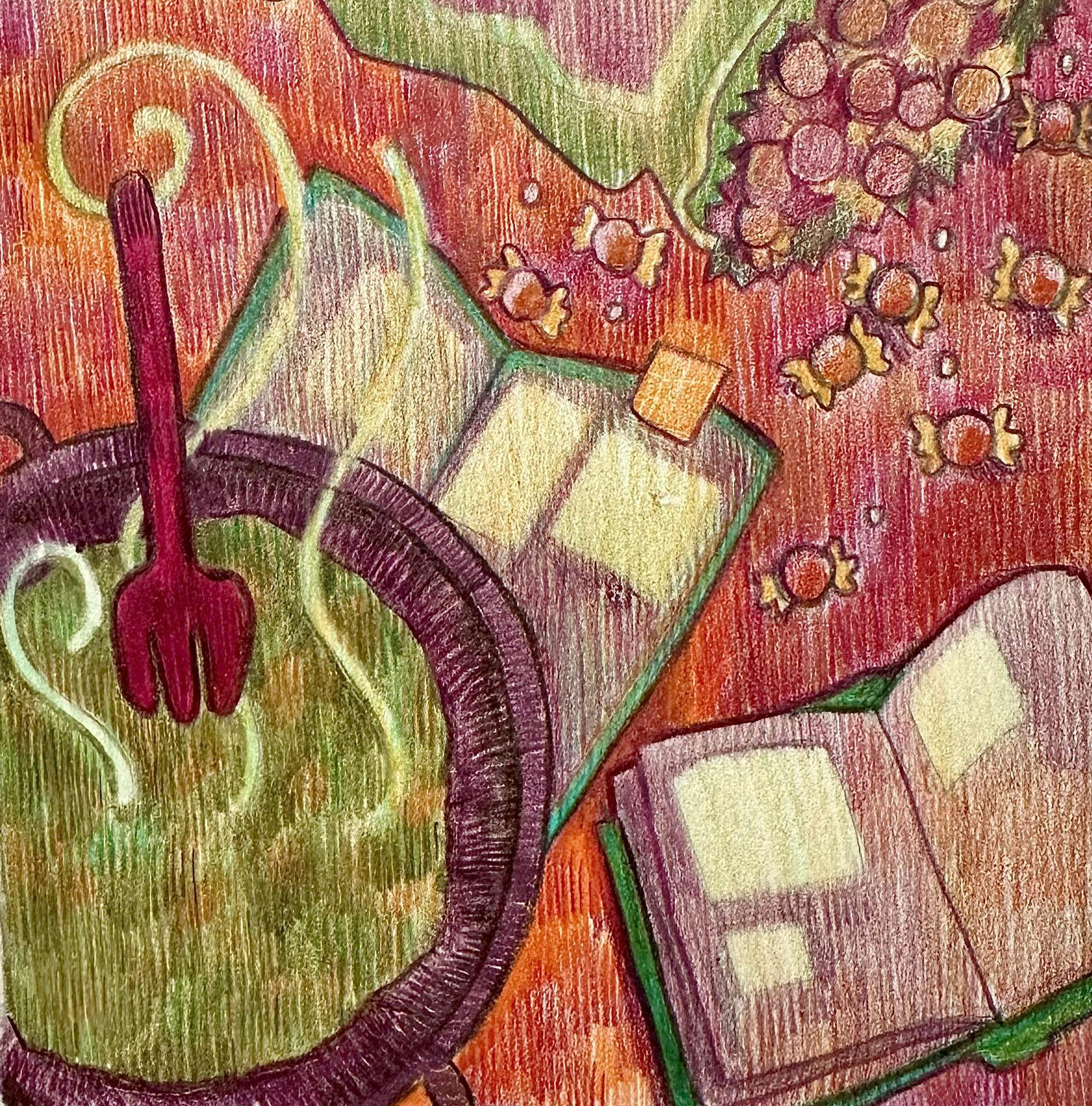 An crayon or pastel illustration depicting a red fork over a steaming bowl of soup. Two books and pieces of hard candy lie next to it against a red background.