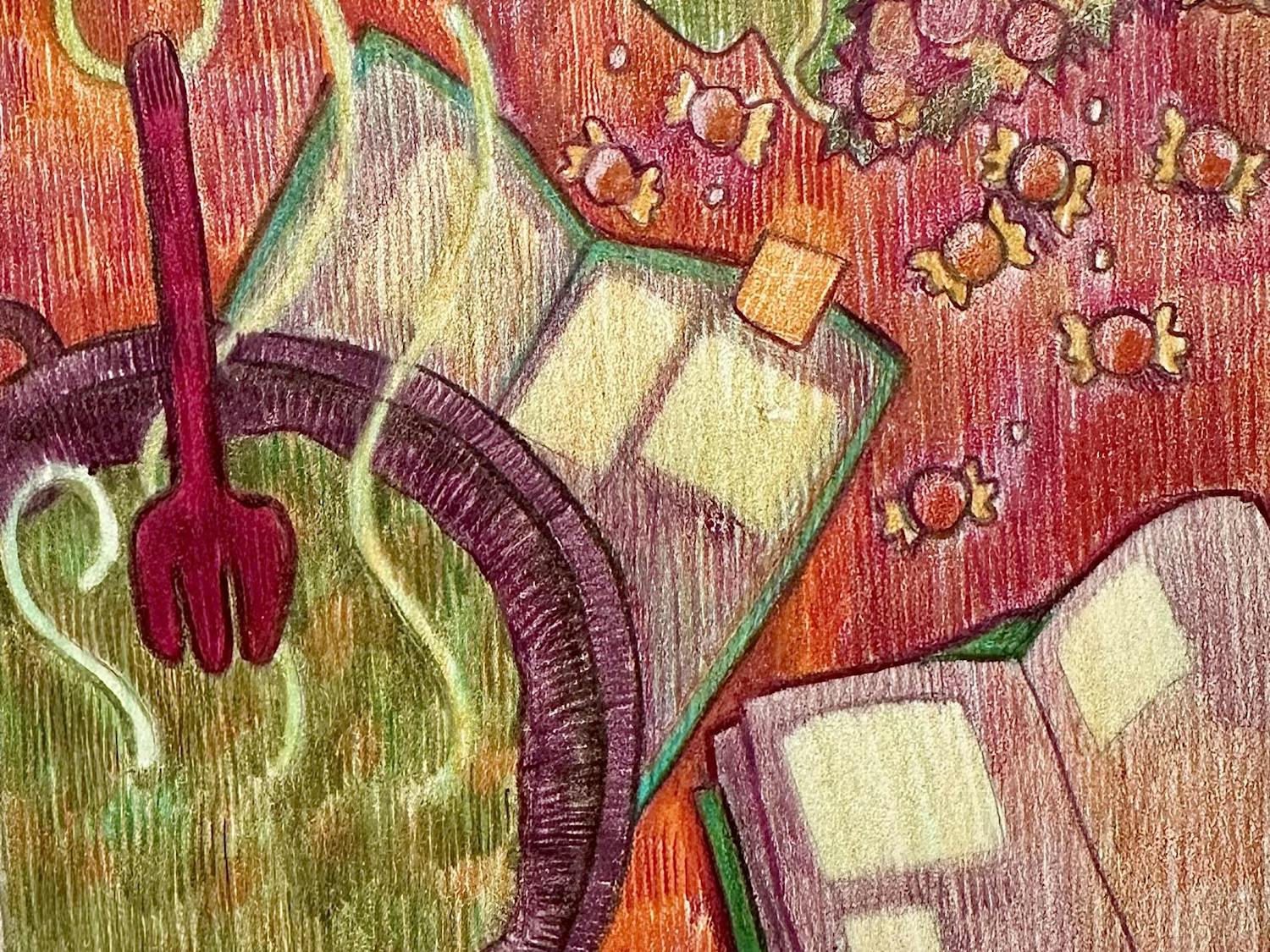 An crayon or pastel illustration depicting a red fork over a steaming bowl of soup. Two books and pieces of hard candy lie next to it against a red background.