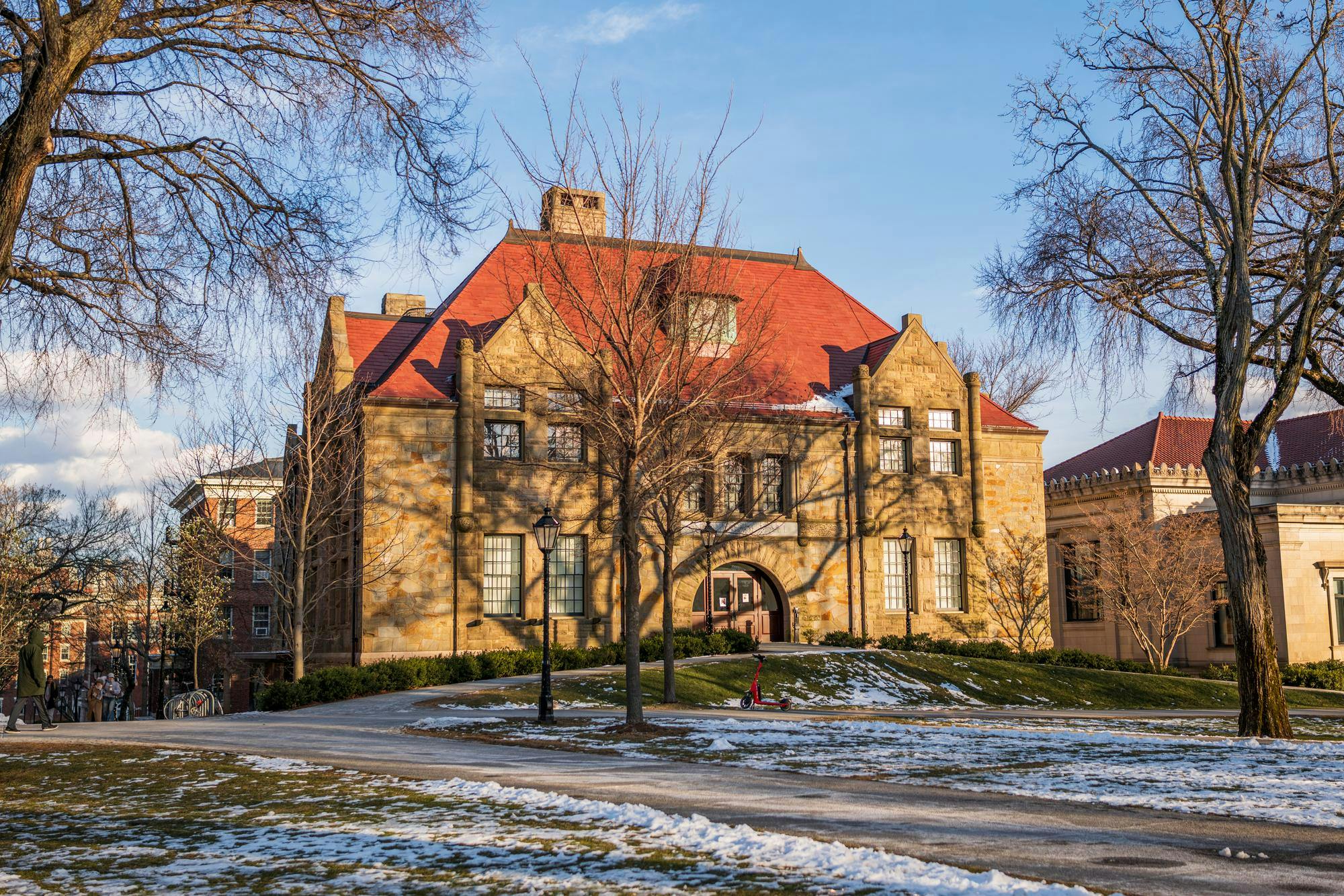 Friedman Hall on a cold, snowy Main Green.