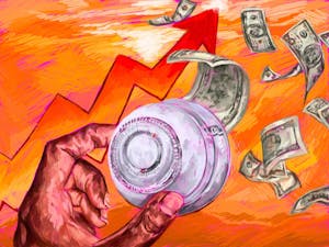 Drawing with an orange background of a hand holding a bell that is releasing dollar bills.

