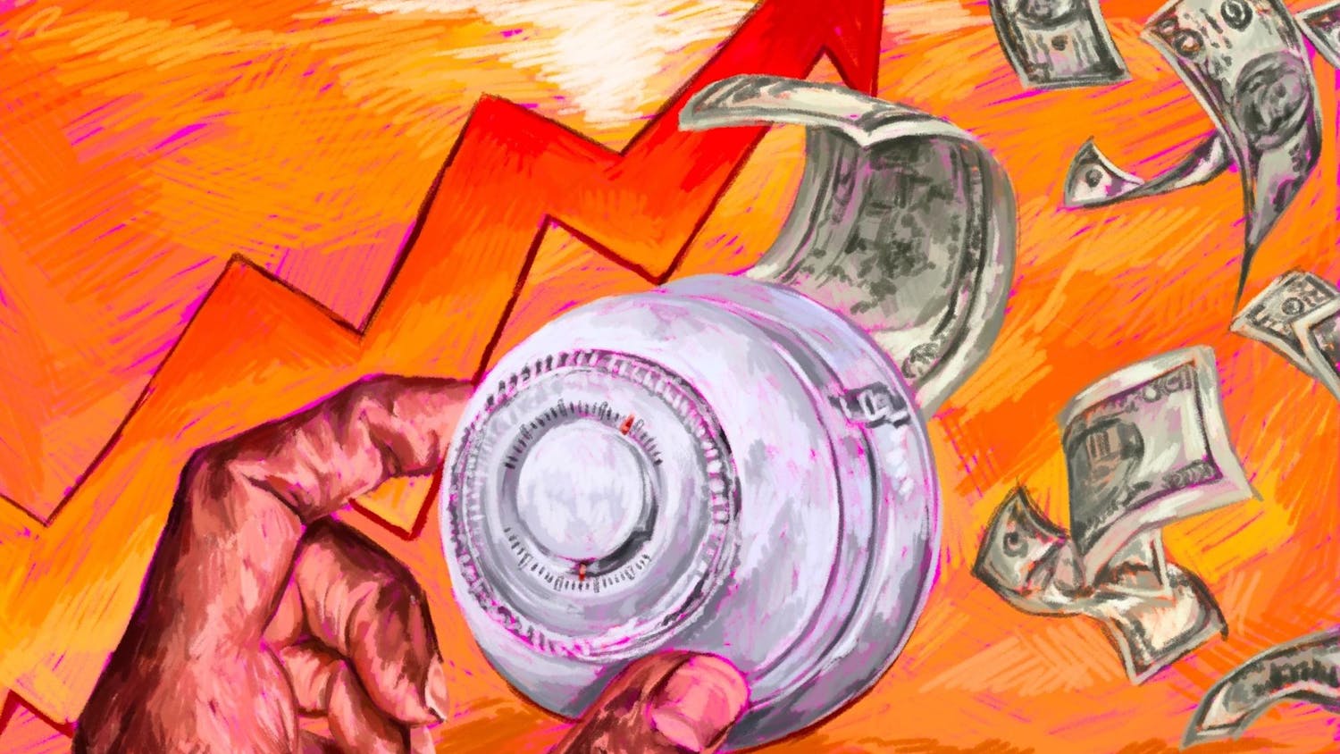 Drawing with an orange background of a hand holding a bell that is releasing dollar bills.