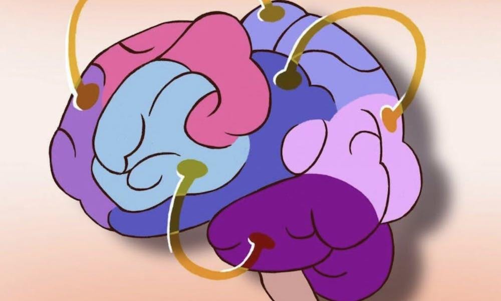 An illustration of a brain with colors of purple and pink.