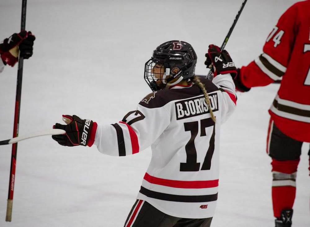 <p>Head Coach Melanie Ruzzi praised Sonja Bjornson ’24 for her versatility as she switched from defense to forward in recent games as the team deals with multiple injuries. </p><p>Courtesy of Hannah Charis via Brown Athletics <br/></p>