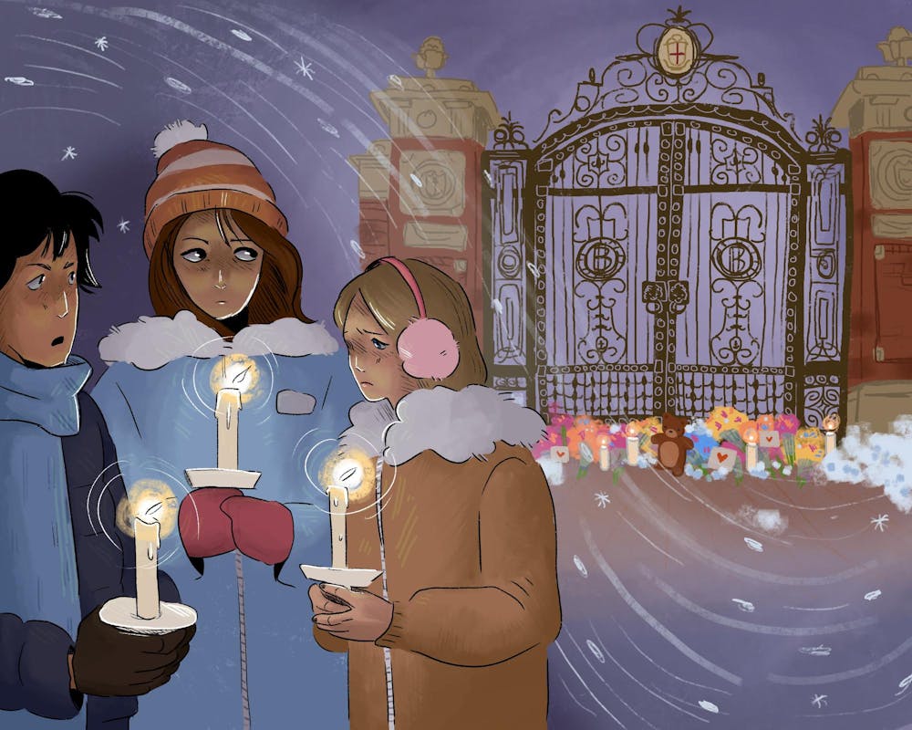 An illustration showing three students holding candles in front of a memorial at the Van Wickle Gates.