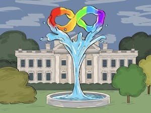 An illustration of a fountain with a rainbow-colored infinity symbol above and the White House in the background.