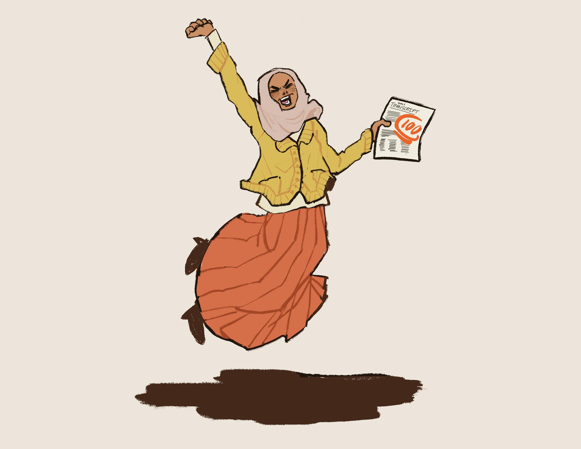 An illustration of a student jumping in the air in celebration. She is holding a printed transcript with “100” written on the front. 