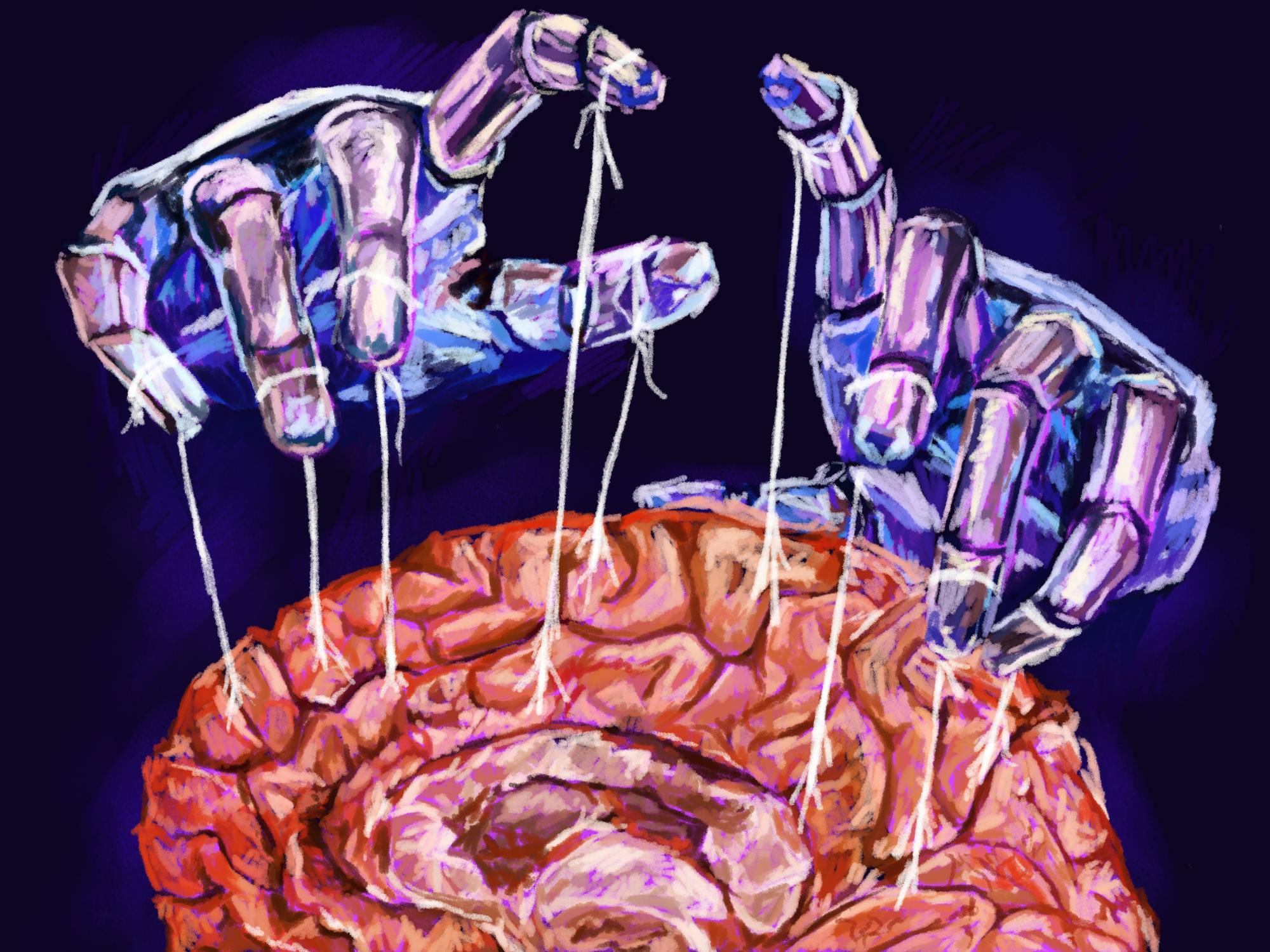 An illustration of two purple hands with strings tied to all five fingers controlling a pink brain like a puppet. 