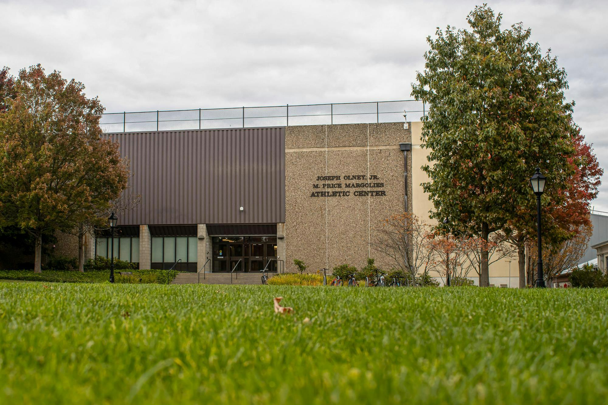 Photo of Olney-Margolies Athletic Center (OMAC), which houses athletic training support facilities, an indoor running track and multi-use courts.